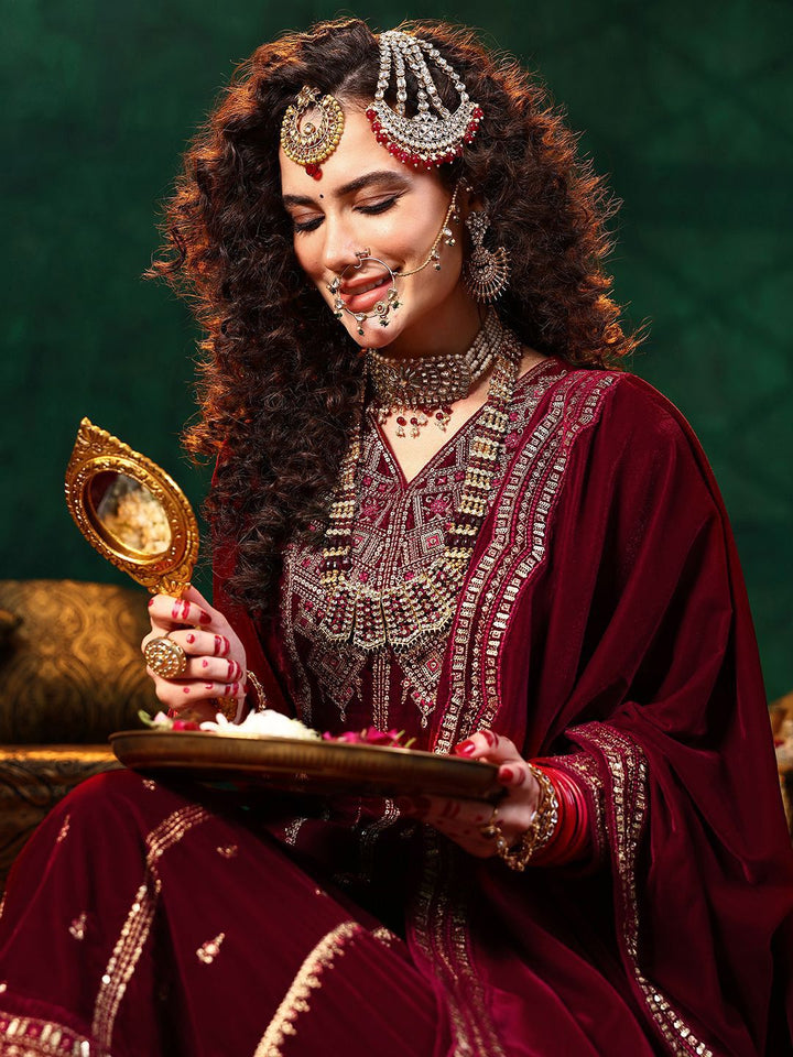Libas Ethnic Motifs Embroidered Straight Sequinned Velvet Kurta with Trousers & Dupatta