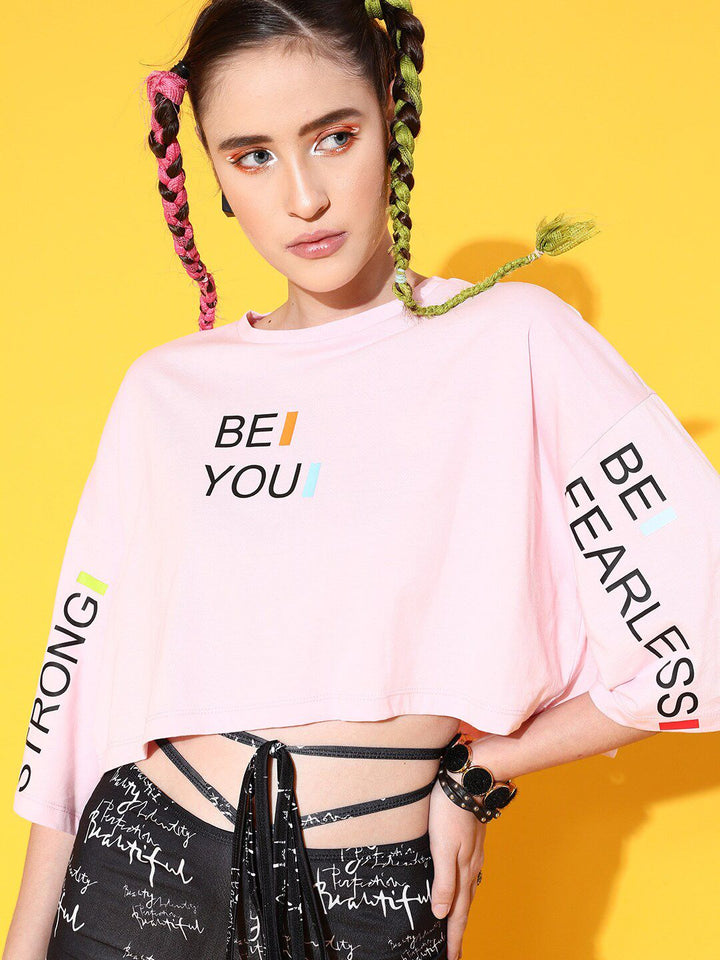 STREET 9 Women Pink Printed Cotton Drop-Shoulder Sleeves Bio Finish Boxy T-shirt
