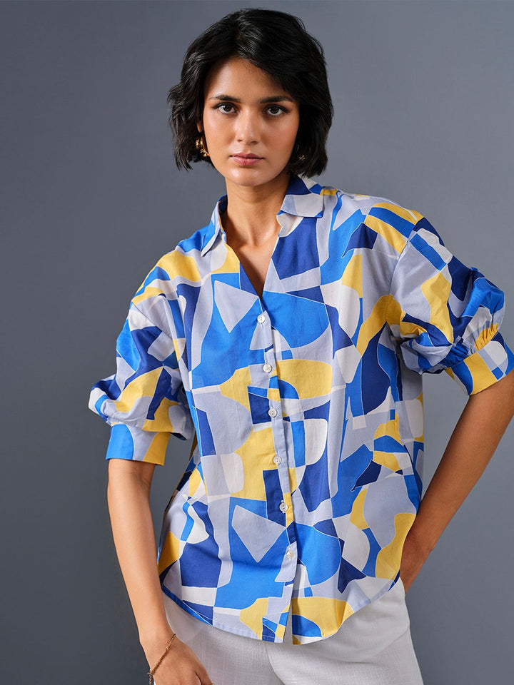 AND Geometric Print Extended Sleeves Cotton Shirt Style Top