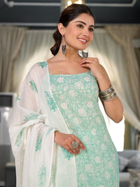 Vishudh Blue Floral Printed Regular Pure Cotton Kurta with Trousers & With Dupatta