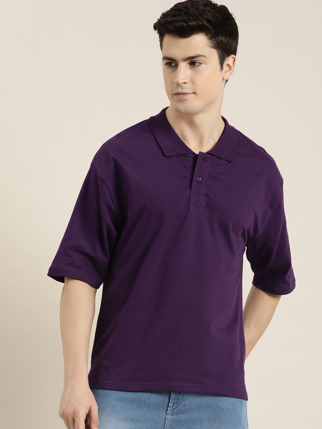 DILLINGER Men Solid Honeycomb Structure Oversized Cotton Polo T-Shirt