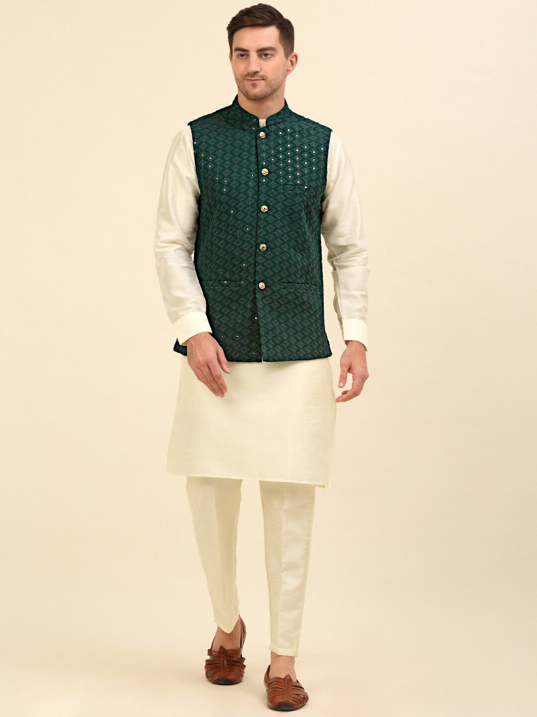 Anouk Olive Green Embroidered Sequinned Nehru Jacket