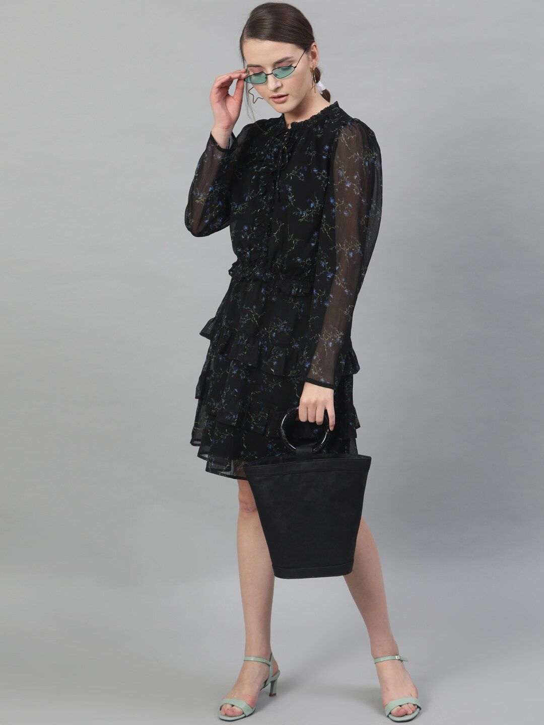 STREET 9 Women Black Floral Printed Fit and Flare Dress