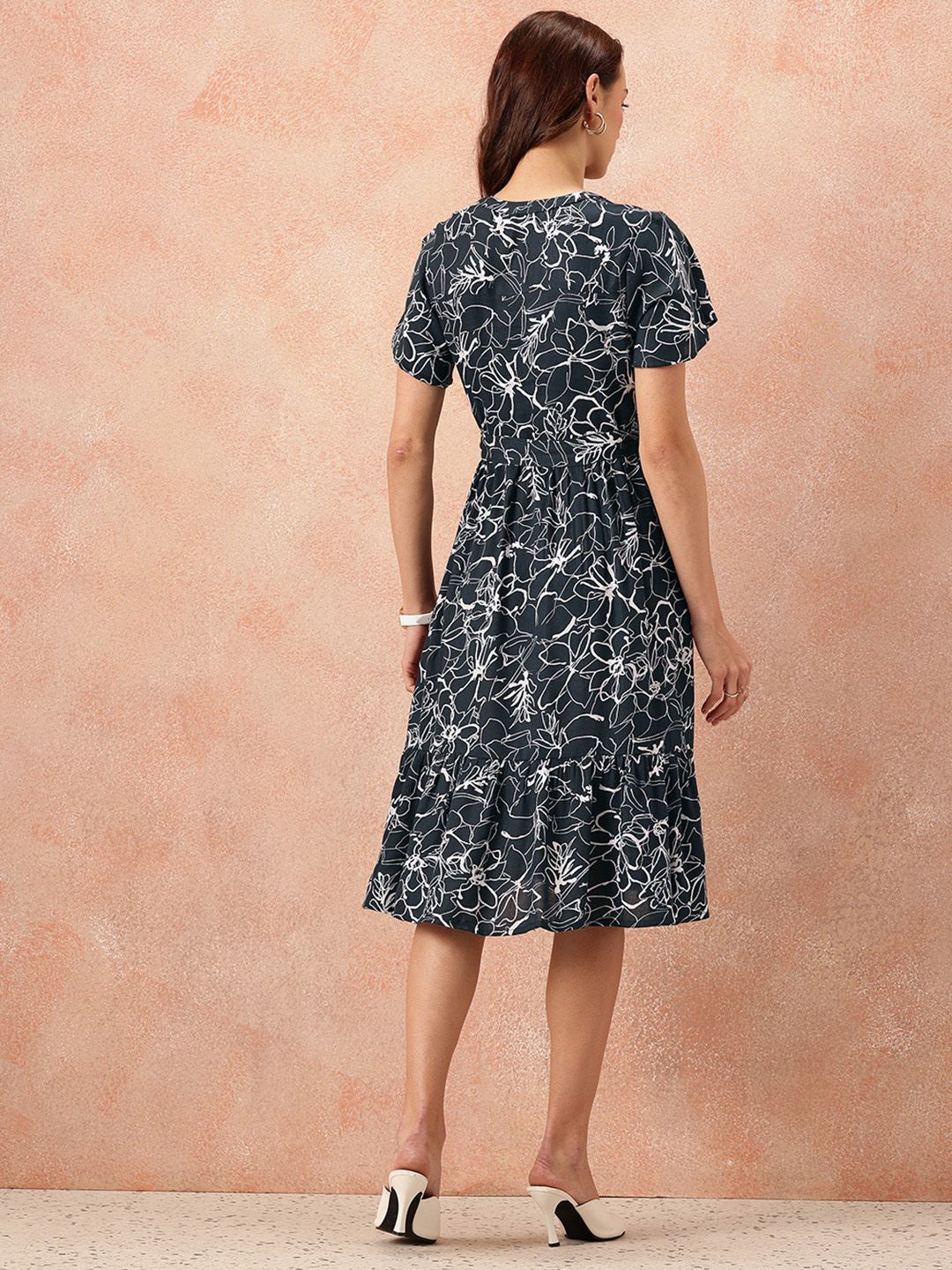 all about you Floral Print Flutter Sleeves A-Line Midi Dress with Belt