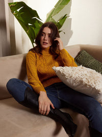 Berrylush Mustard Yellow Cable Knit Self Design Turtle Neck Acrylic Pullover Sweater