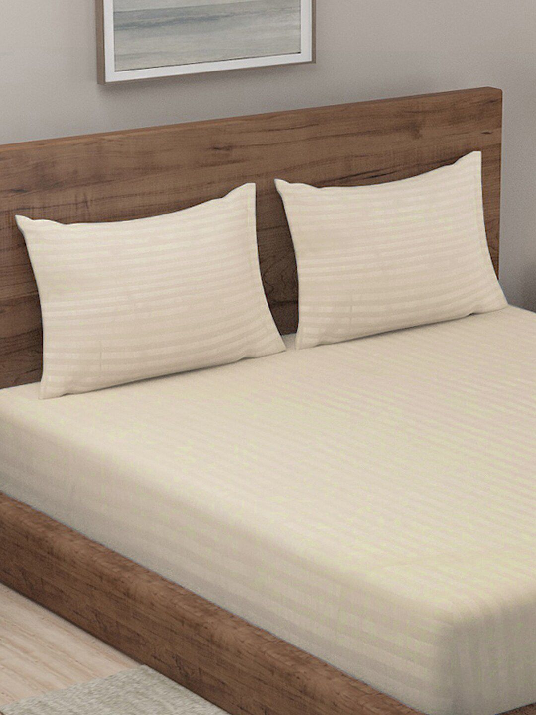 KLOTTHE Cream Striped Cotton 300 TC King Fine Bedsheet with 2 Pillow Covers-98 x 87 inches
