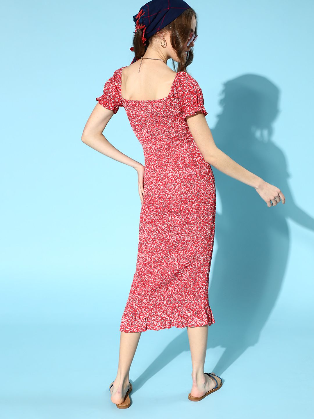 Berrylush Women Gorgeous Red Floral Smocked Dress