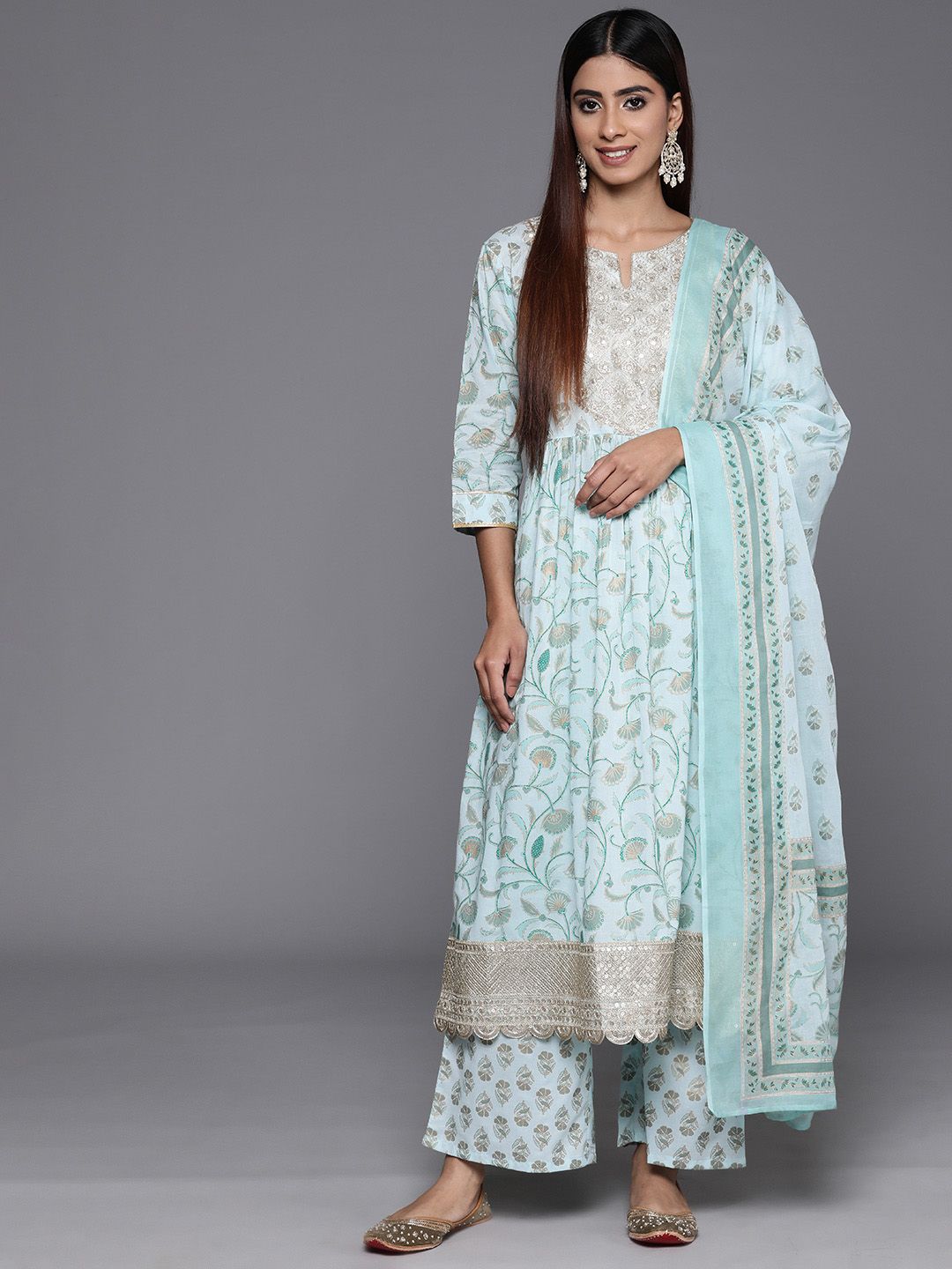 Libas Floral Printed Pleated Gotta Patti Pure Cotton Kurta with Palazzos & Dupatta