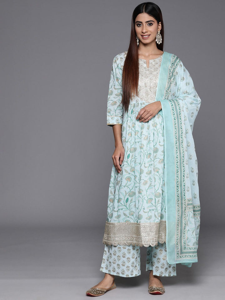 Libas Floral Printed Pleated Gotta Patti Pure Cotton Kurta with Palazzos & Dupatta
