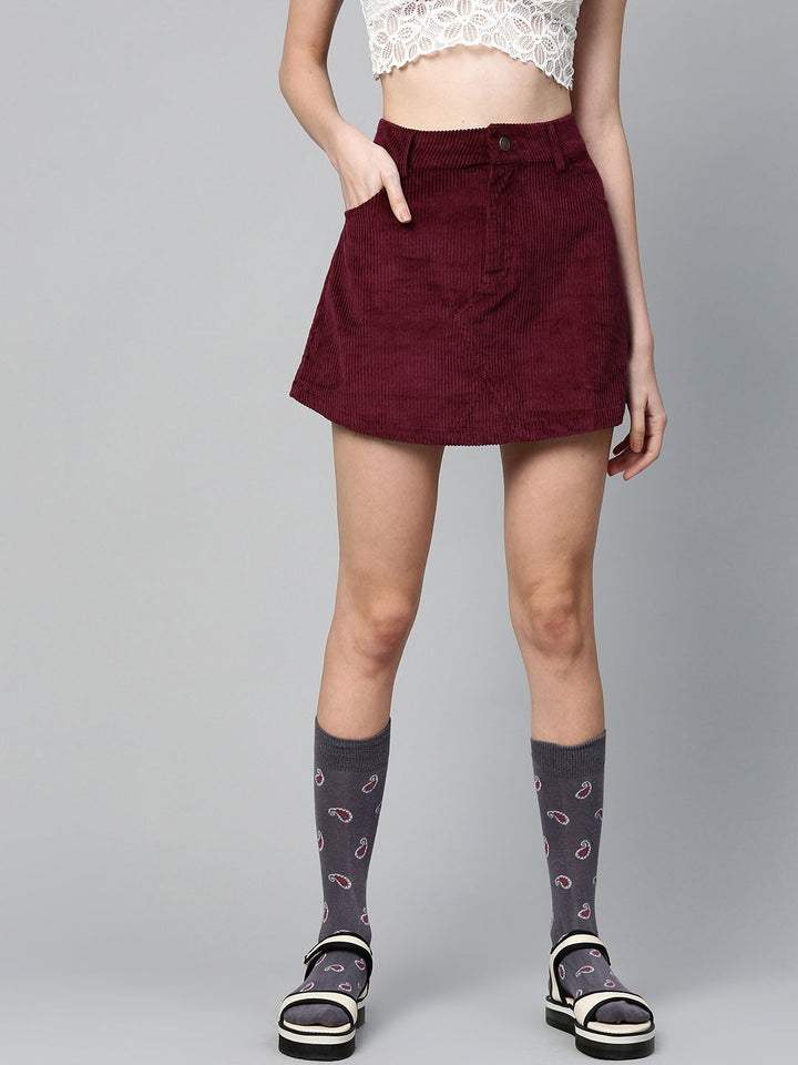SASSAFRAS Burgundy Self-Striped Corduroy A-Line Mini Pure Cotton Skirt
