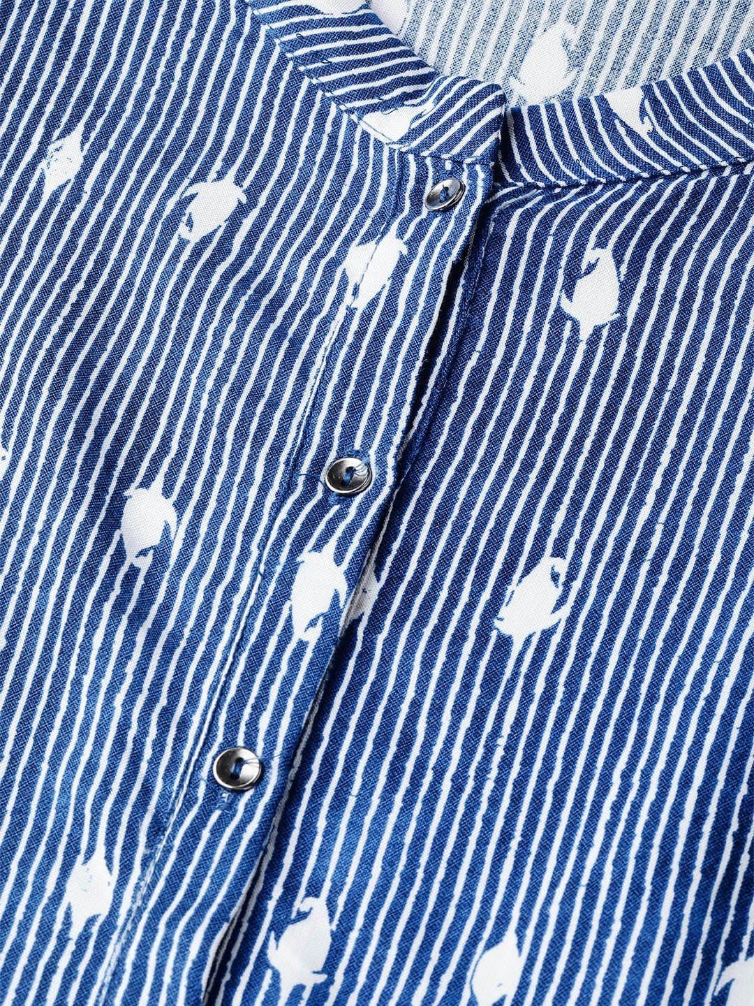 W Women Navy Blue & White Striped Straight Sustainable Kurta