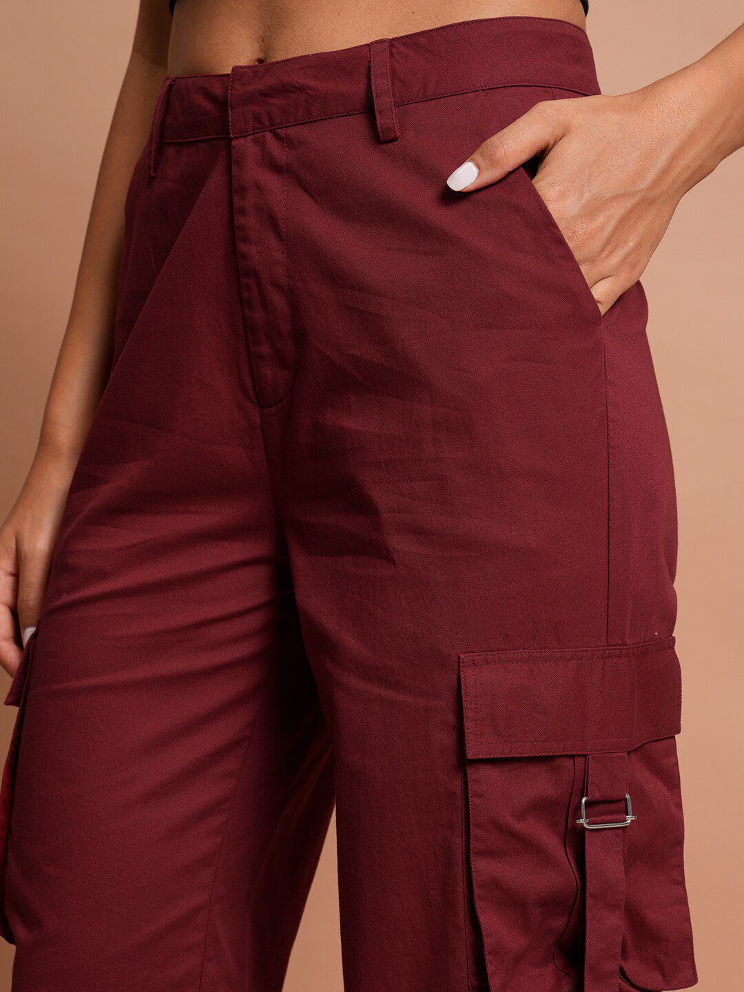Tokyo Talkies Women Maroon Flared High Rise Cotton Cargos Trousers