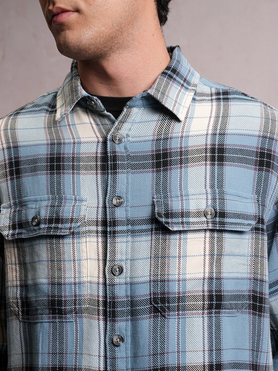 Locomotive Men Blue Dobby Textured Checked Utility Pocket Overshirt