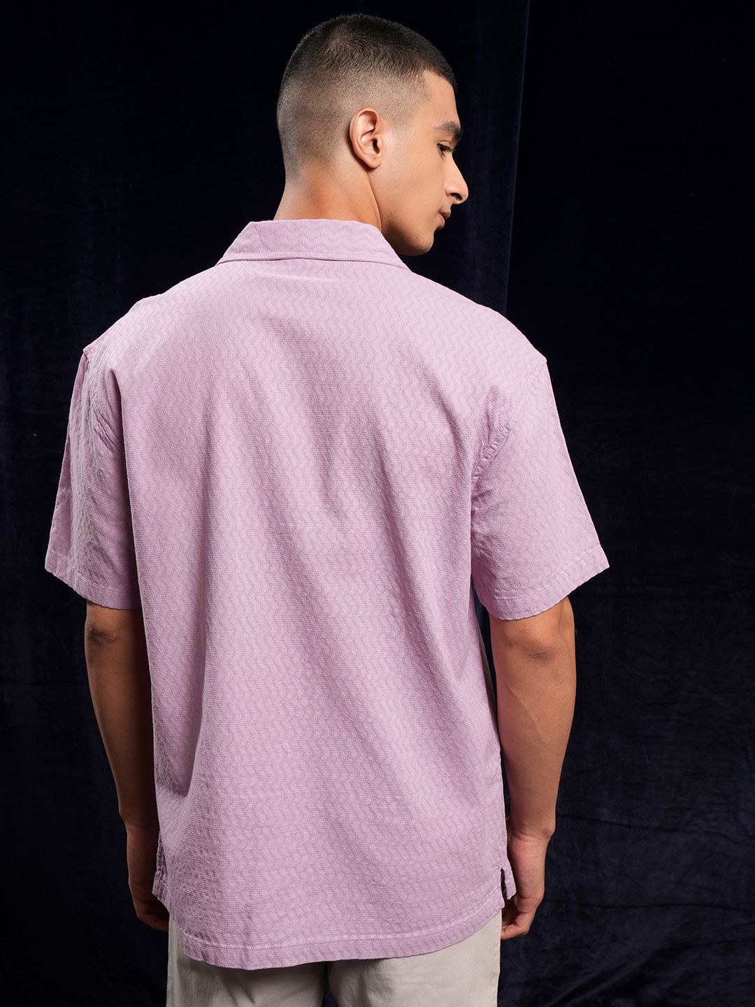 HIGHLANDER Men Dobby Textured Solid Cuban Collar Relaxed Shirt