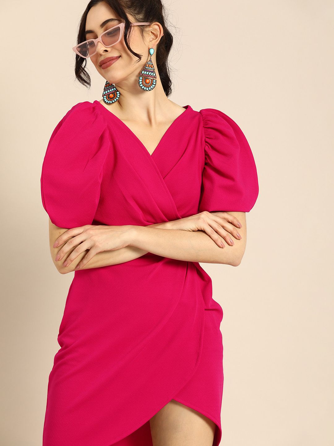Athena Charming Fuchsia Pink Power Shoulders Tulip Hem Wrap Dress