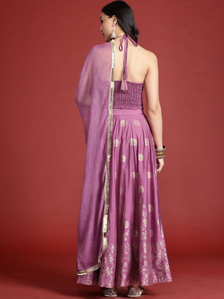 Anouk Printed Ready to Wear Halter Neck Smocked Lehenga & Blouse With Dupatta