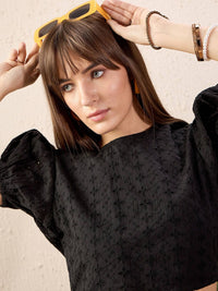 SASSAFRAS Black Self Design Puff Sleeve Cotton Schiffli Crop Top