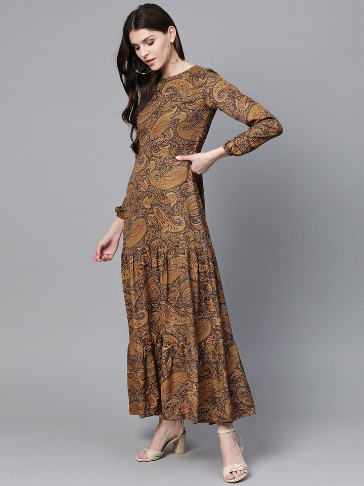 SASSAFRAS Brown & Black Ethnic Motifs Print Maxi Dress