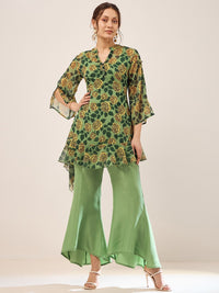 Antheaa Green Floral Printed Mandarin Collar Flared Sleeves Co-Ords
