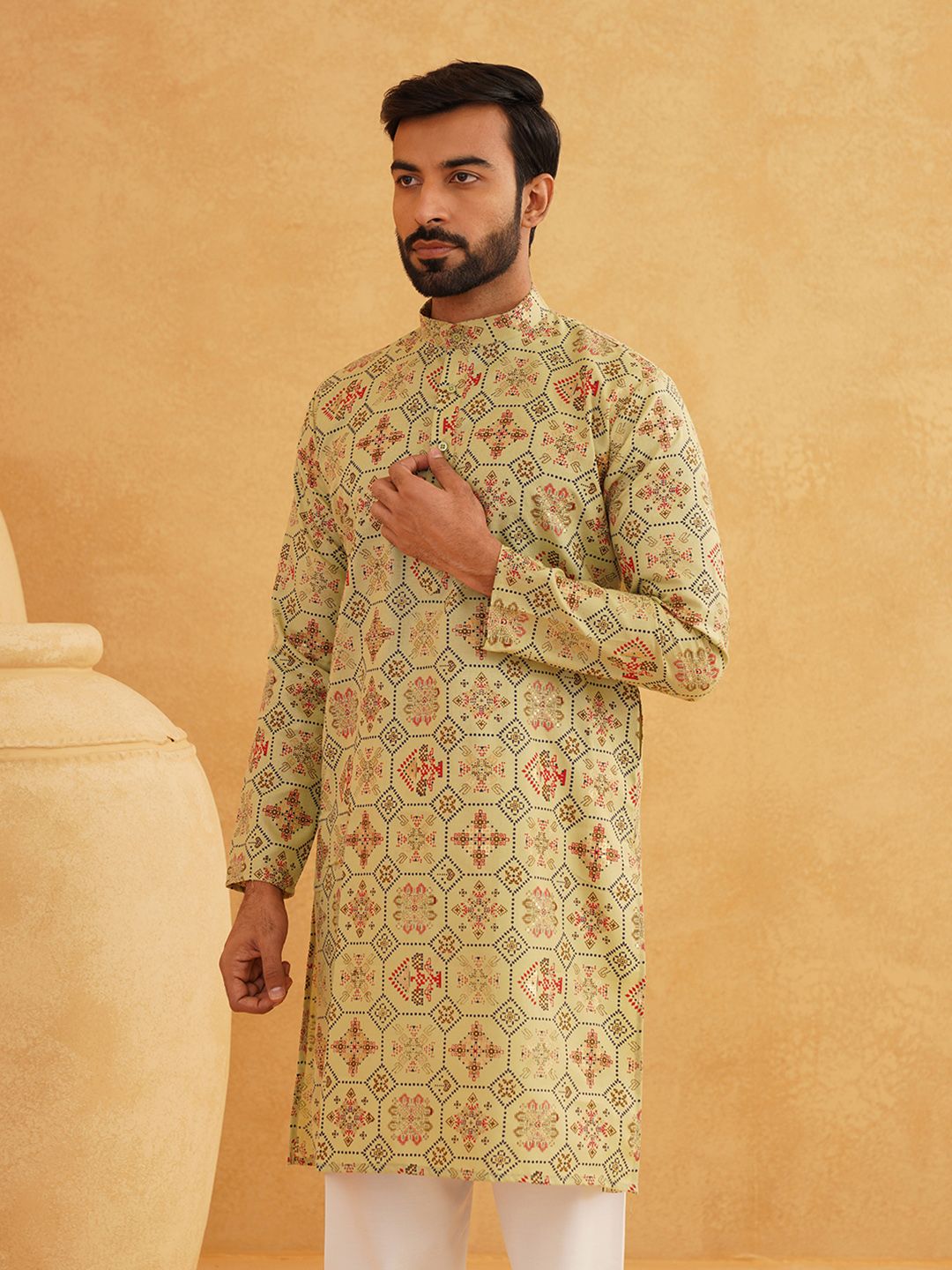 SOJANYA Motif Etnik Bercetak Kurta Kolar Mandarin Dengan Seluar