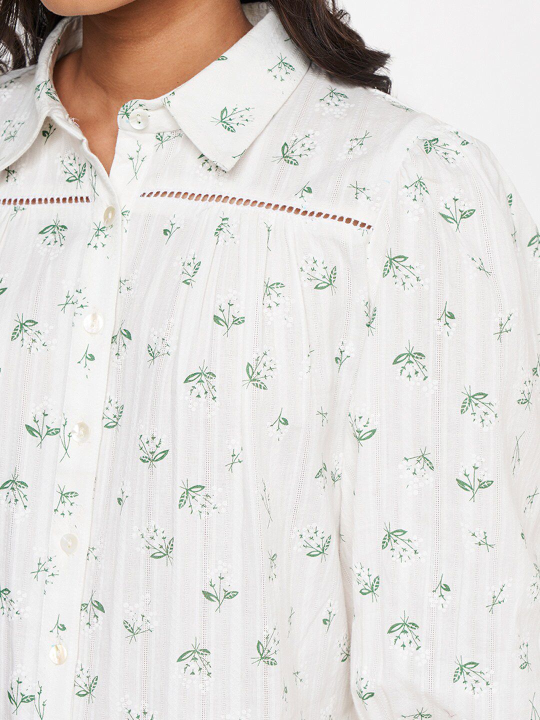 AND White & Green Floral Printed Shirt Style Top