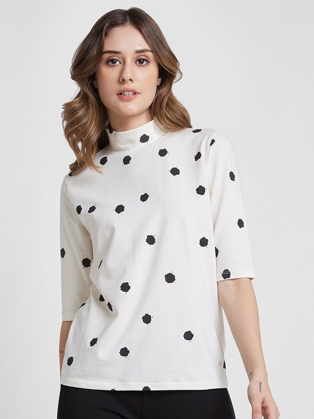 SPYKAR Polka Dots Printed High Neck Cotton Top
