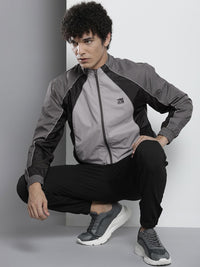 The Indian Garage Co Men Grey & Black Colourblocked Windcheater Jacket