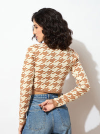 SASSAFRAS Women Brown & White Houndstooth Design Pullover