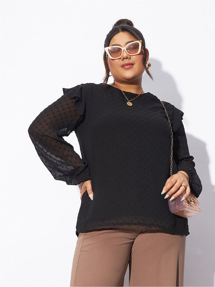 SASSAFRAS Curve Plus Size Self Design Puff Sleeves Ruffles Top