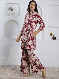 SANSKRUTIHOMES Maroon Floral Printed Pure Cotton Shirt with Lounge Pants