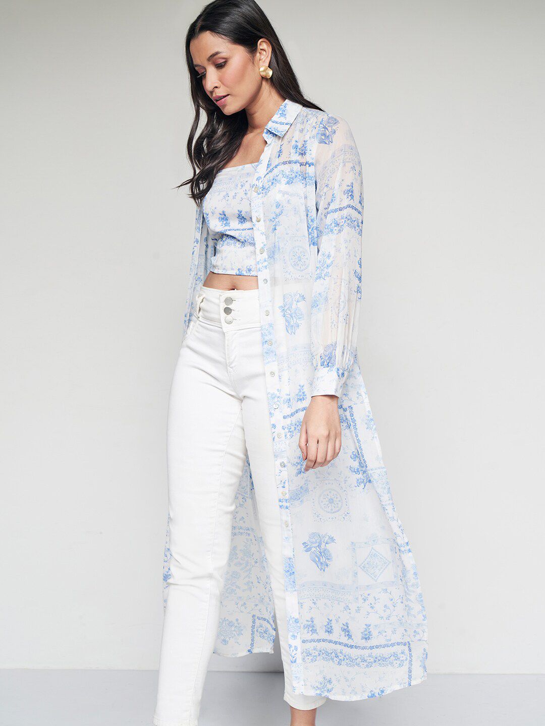 AND Floral Printed Shirt Collar Maxi Longline Top
