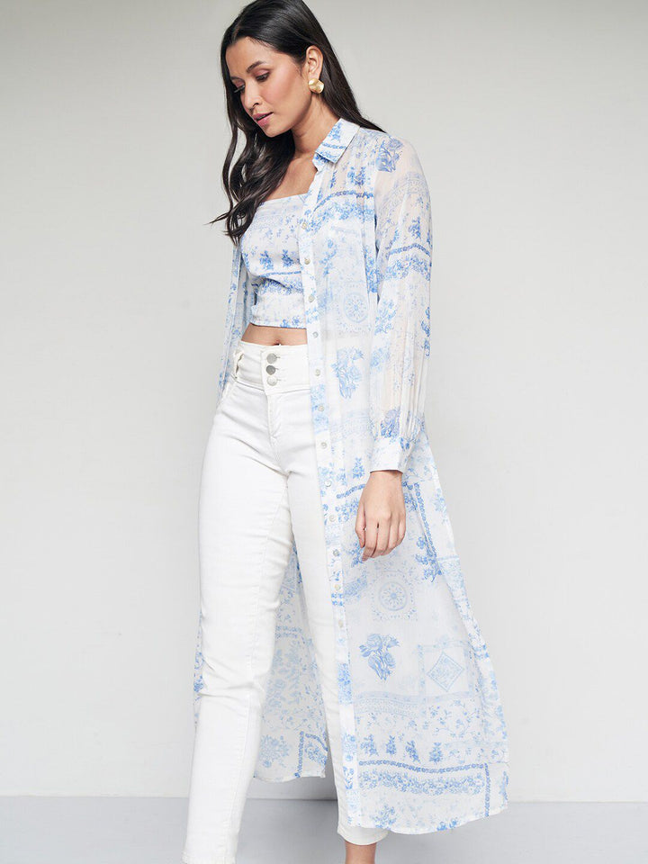 AND Floral Printed Shirt Collar Maxi Longline Top