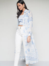 AND Floral Printed Shirt Collar Maxi Longline Top