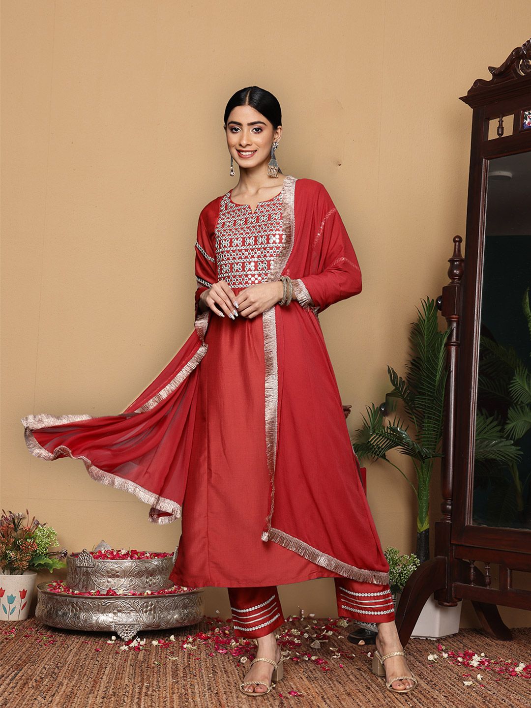 Varanga Embroidered Empire Mirror Work Kurta With Trousers & With Dupatta