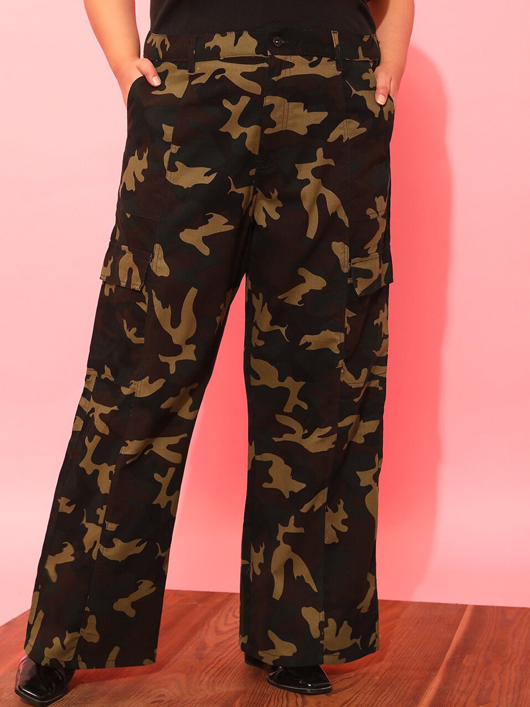 CURVY STREET Women Plus Size Olive Green Printed Relaxed Straight Leg Pure Cotton Trousers