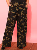 CURVY STREET Women Plus Size Olive Green Printed Relaxed Straight Leg Pure Cotton Trousers