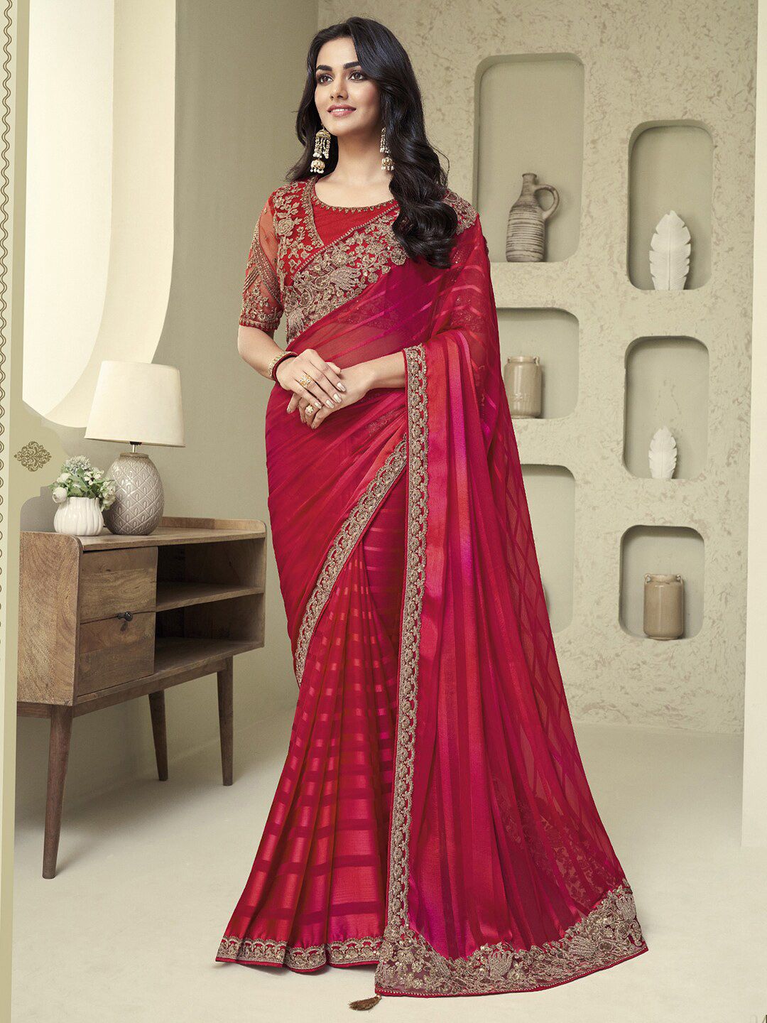 Mitera Pink & Gold-Toned Poly Georgette Saree with Jacket with Blouse