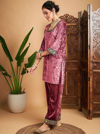 Shae by SASSAFRAS Embroidered Square Neck Regular Sequinned Velvet Kurti With Trousers
