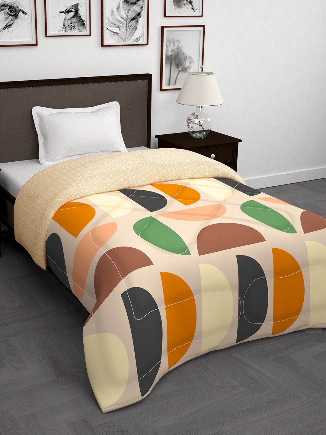 Story@home Peach-Coloured & Green Geometric 180 GSM AC Room Single Bed Comforter