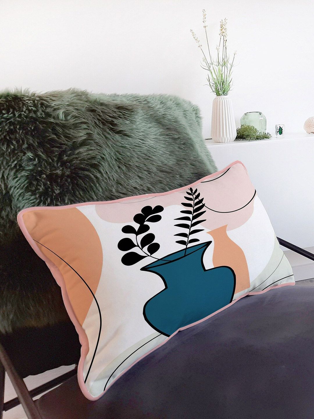 STITCHNEST Set of 2 White & Green Velvet Cushion Cover
