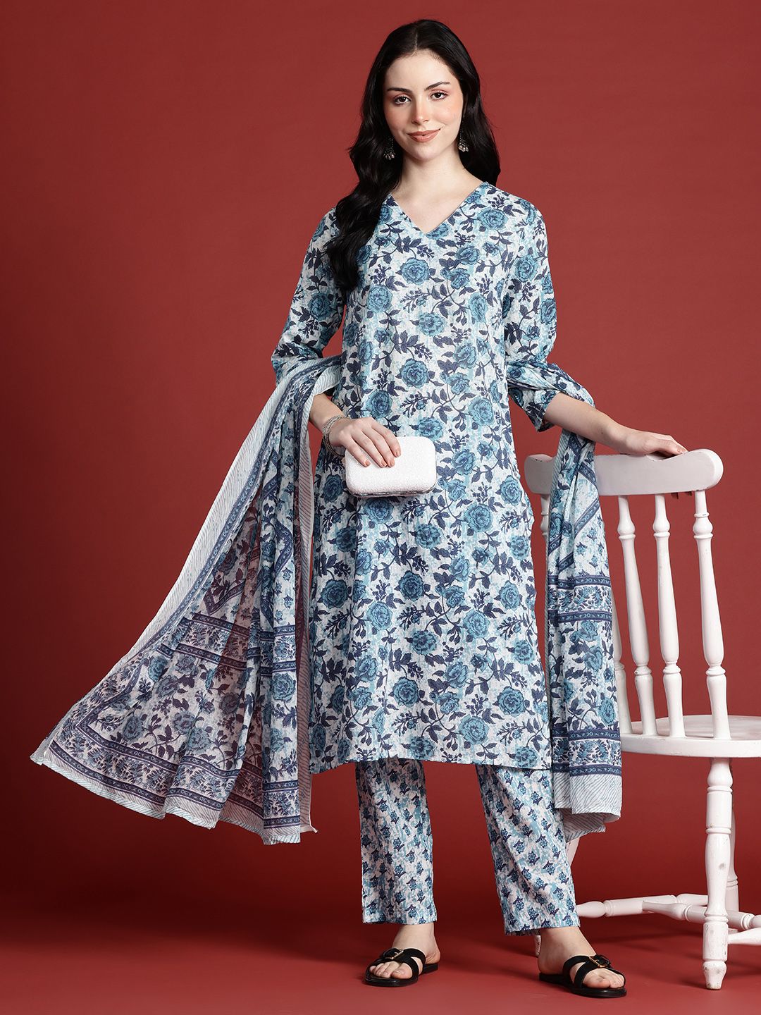 Anouk Floral Printed Pure Cotton Kurta With Trousers & Dupatta