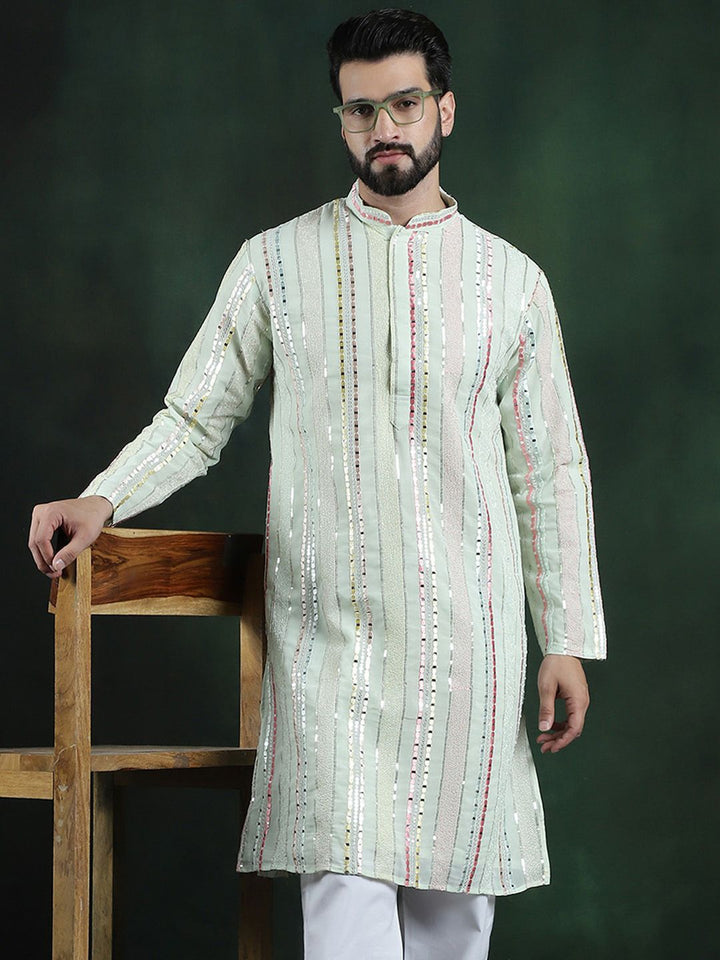 SOJANYA LUXE Striped Thread Work Georgette Straight Kurta