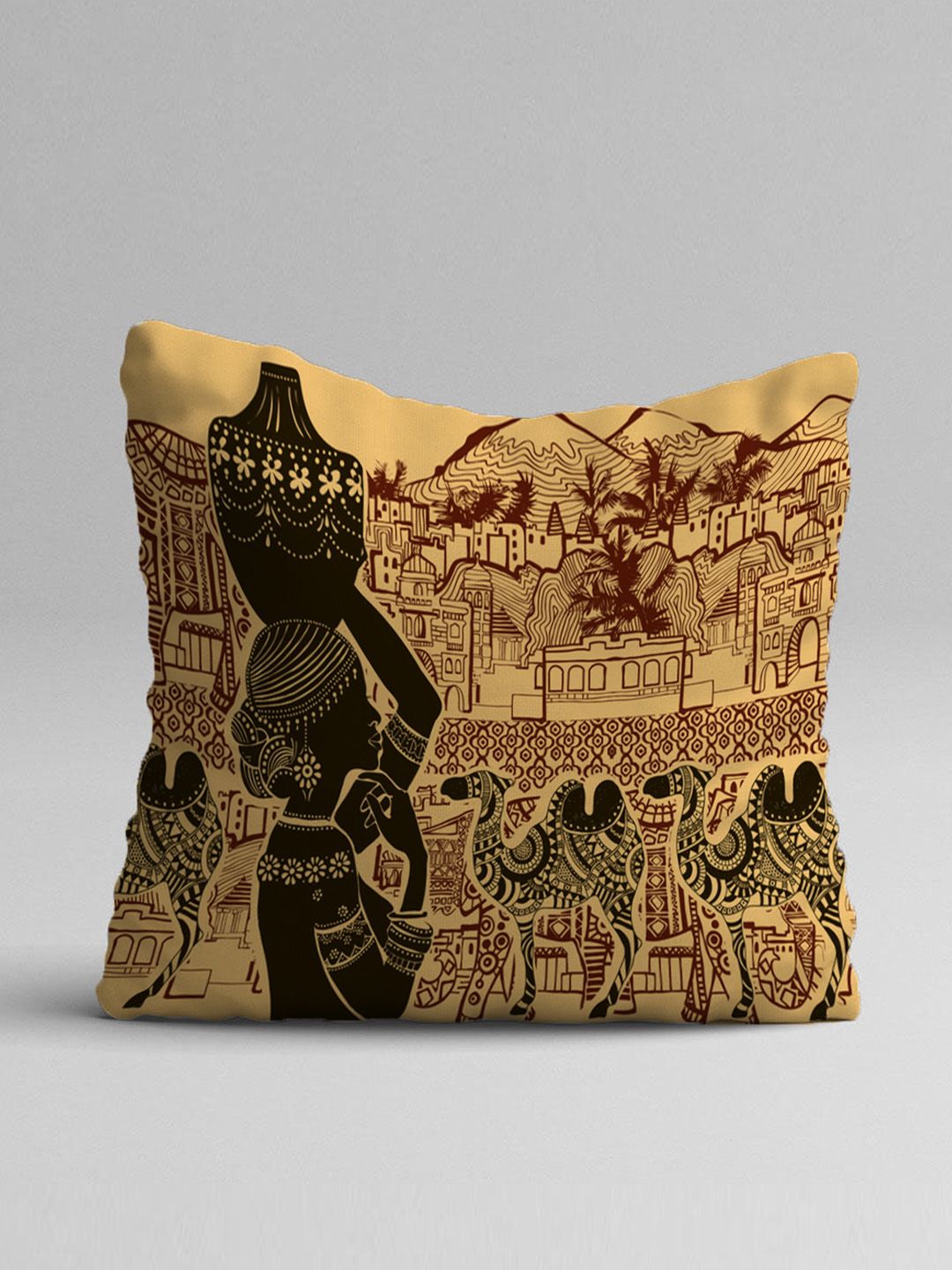 STITCHNEST Yellow & Purple Set of 5 Ethnic Motifs Square Cushion Covers