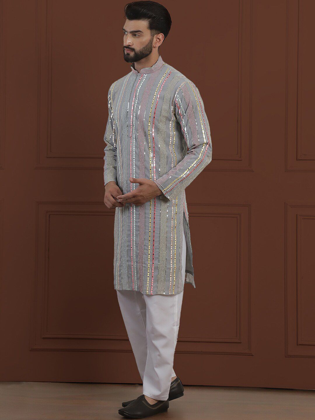 SOJANYA LUXE Striped Embroidered Mandarin Collar Straight Georgette Kurta & Pyjama
