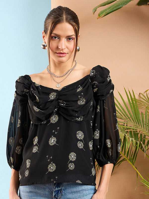 SASSAFRAS Floral Printed Puff Sleeve Tropical Georgette Top