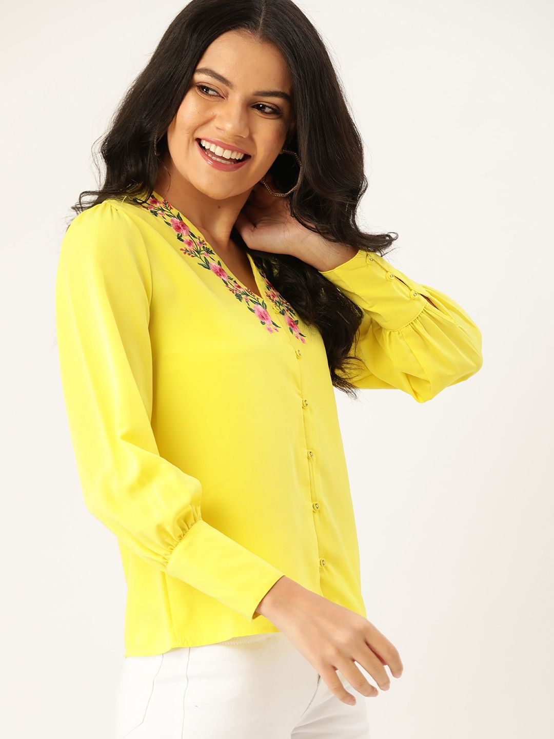 DressBerry Yellow Embroidered Detail Regular Top