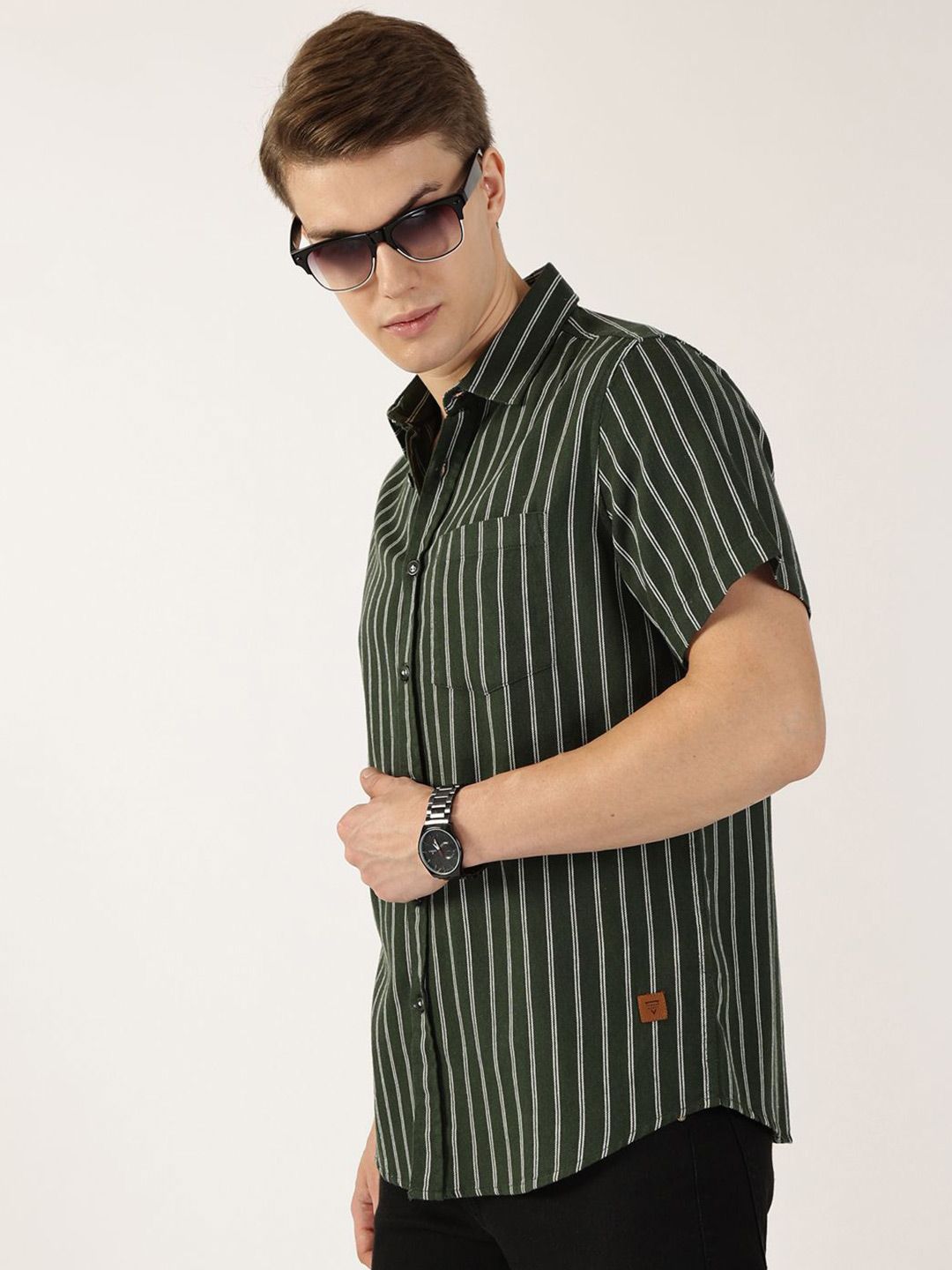 Thomas Scott Men Classic Slim Fit Spread Collar Vertical Striped Cotton Casual Shirt