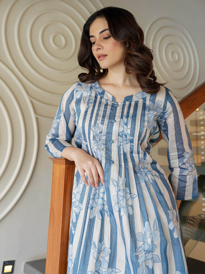 Indo Era Floral Printed Round Neck A-Line Pure Cotton Kurta With Trousers