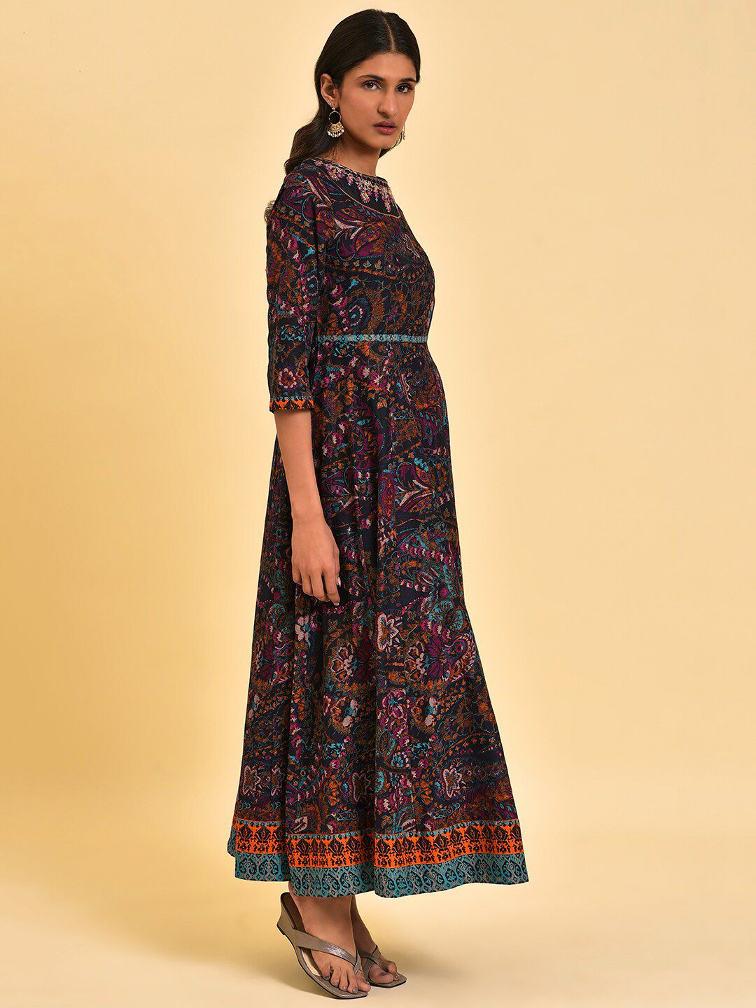 W Blue Ethnic Motifs Printed Embroidered Pure Cotton Maxi Ethnic Dress