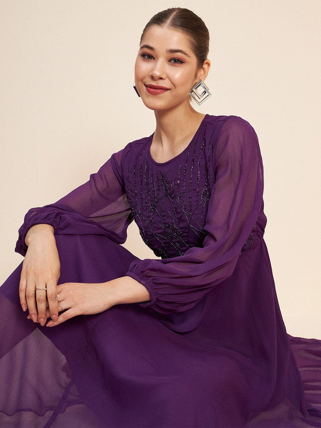 Antheaa Purple Embellished Puff Sleeves Gathered Fit & Flare Midi Dress